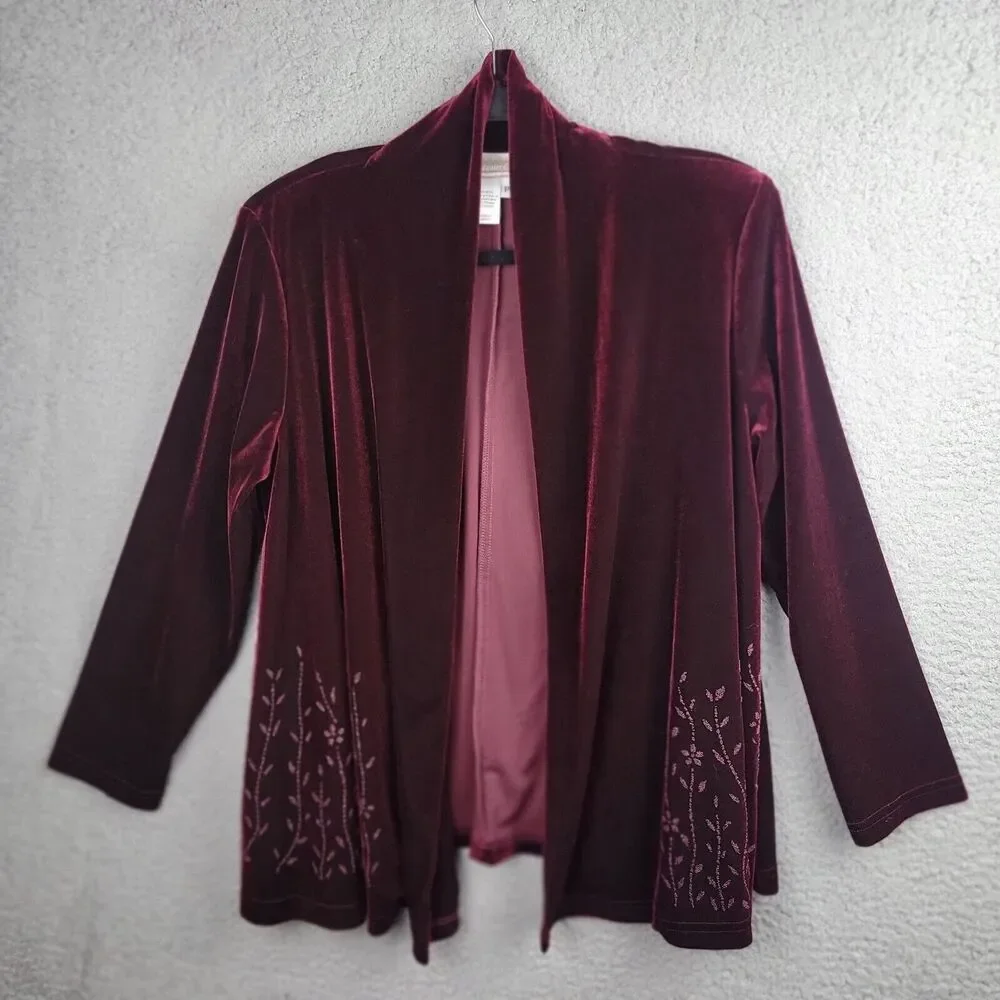 Coldwater Creek Velvet Textured Jacket Wine PM Open Front Luxe Layer